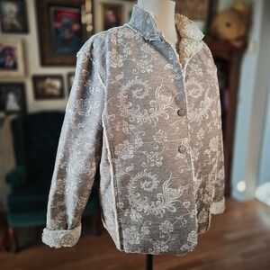 Chicos Floral Jacket Vintage Style Tapestry Sherpa Lined Tan Beige Size 3 L XL